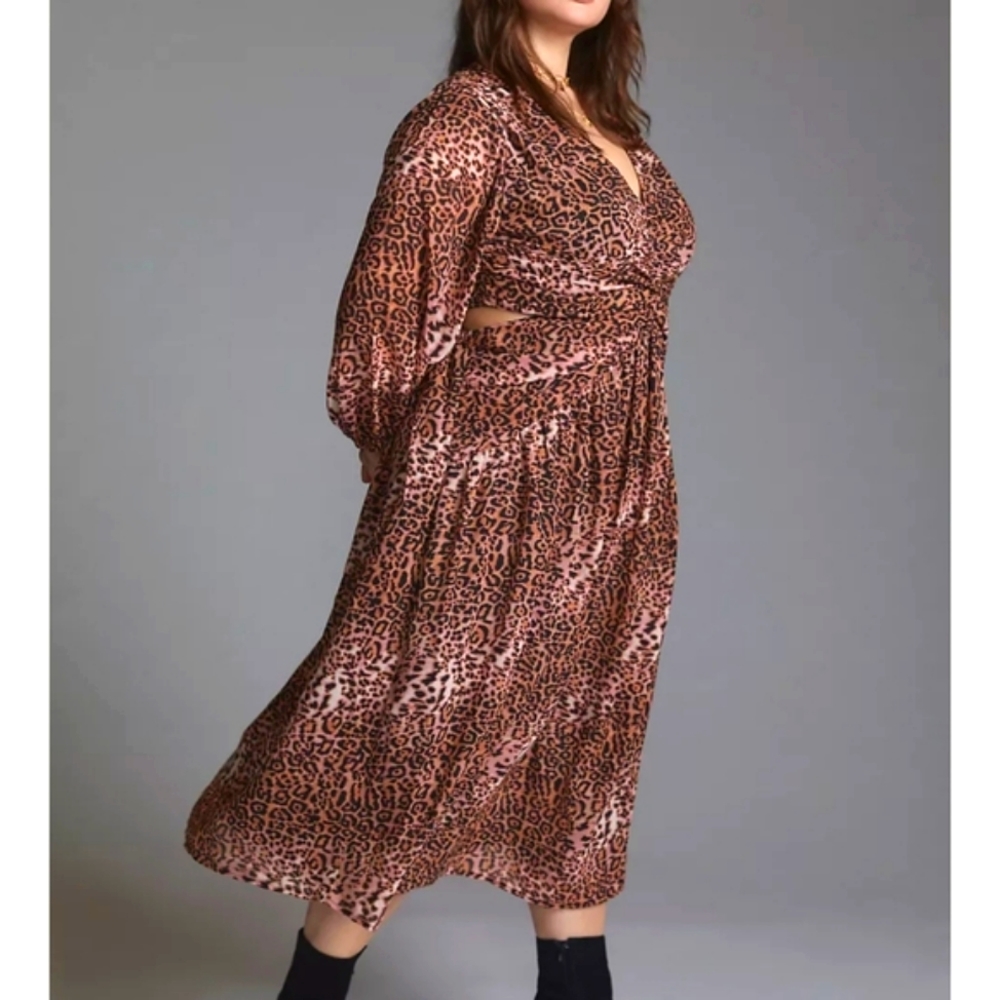 Anthropologie RannaGill floral cut out tan black midi dress long sleeves Medium